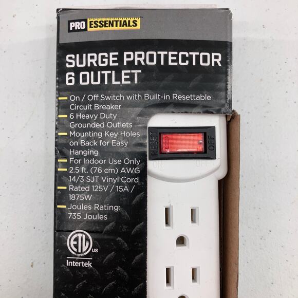 Pro Essentials 6 Outlet On / Off Switch 2.5 ft Indoor Use Surge Protector Plug - Picture 3 of 5